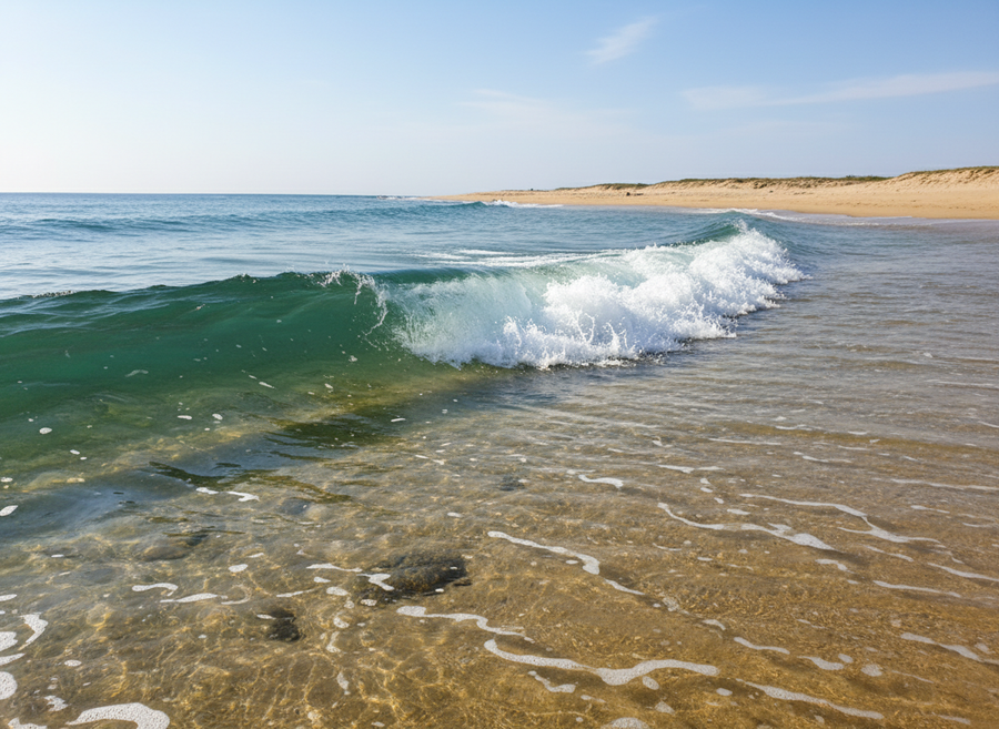 A wave approaching a sandy beach, clearly showing the wave cresting and beginning to break as it encounters the shallow seabed.