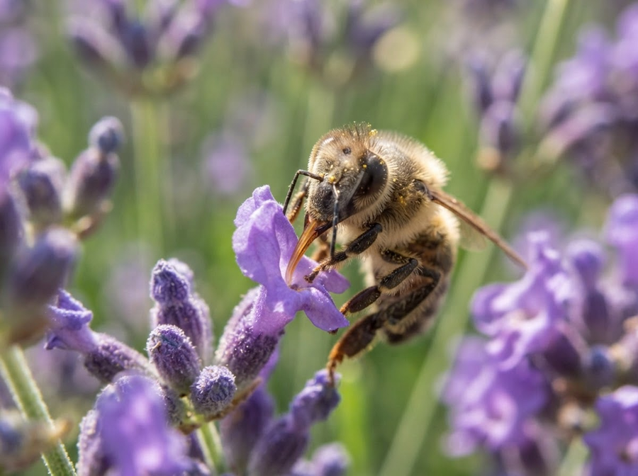 A close-up, naturalistic image of a honey bee's proboscis (tongue) extended into the center of a flower, clearly showing it collecting nectar.