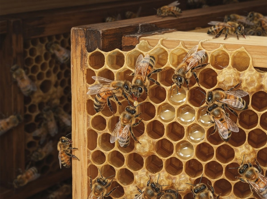 A cutaway view of a beehive, showing worker bees inside, some passing nectar to each other, and others depositing nectar into the hexagonal cells of the honeycomb.