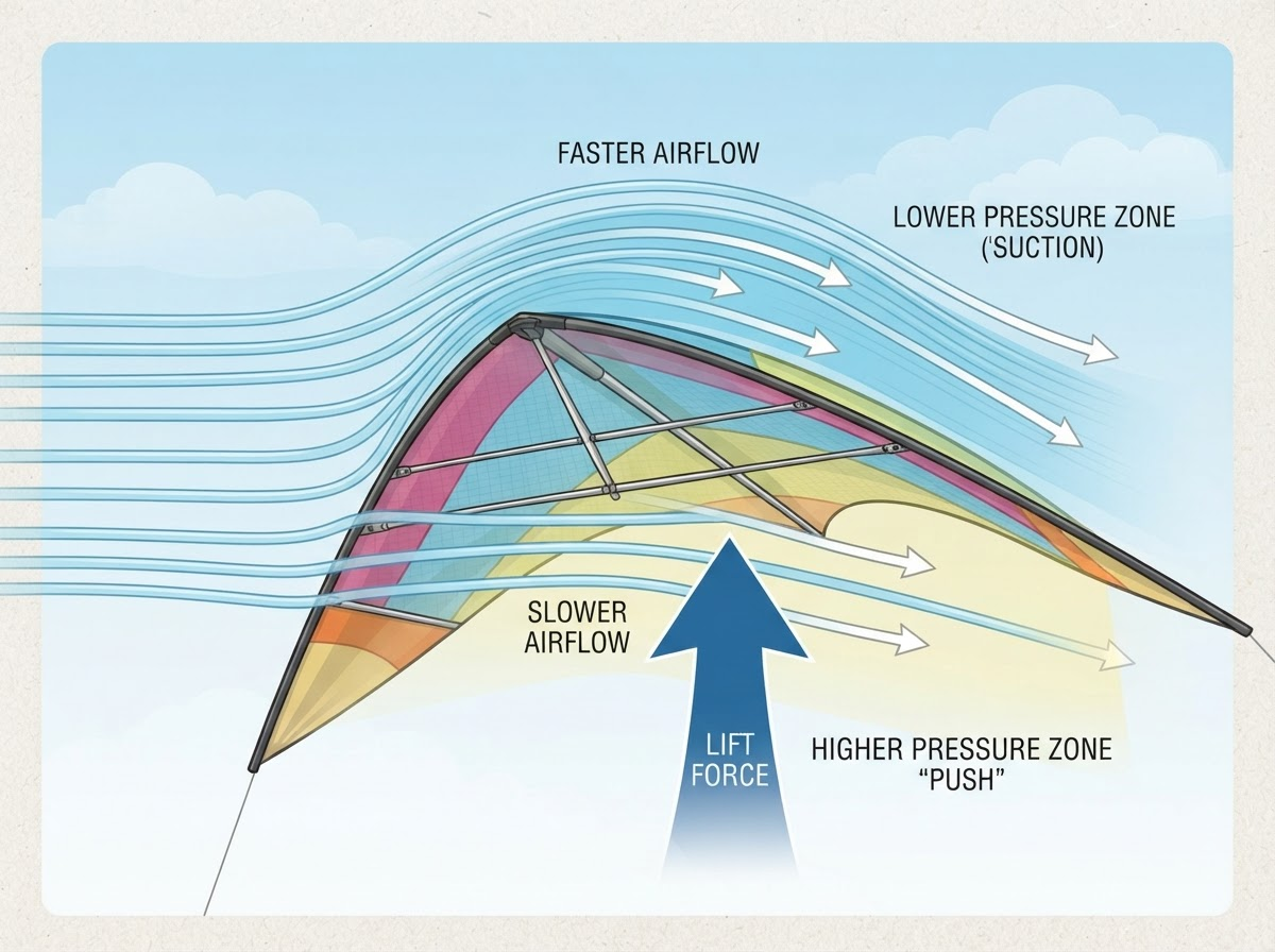 A close-up, educational cross-section diagram of a kite wing (or main body) showing airflow over and under it, with explanatory arrows illustrating high and low pressure zones creating lift.