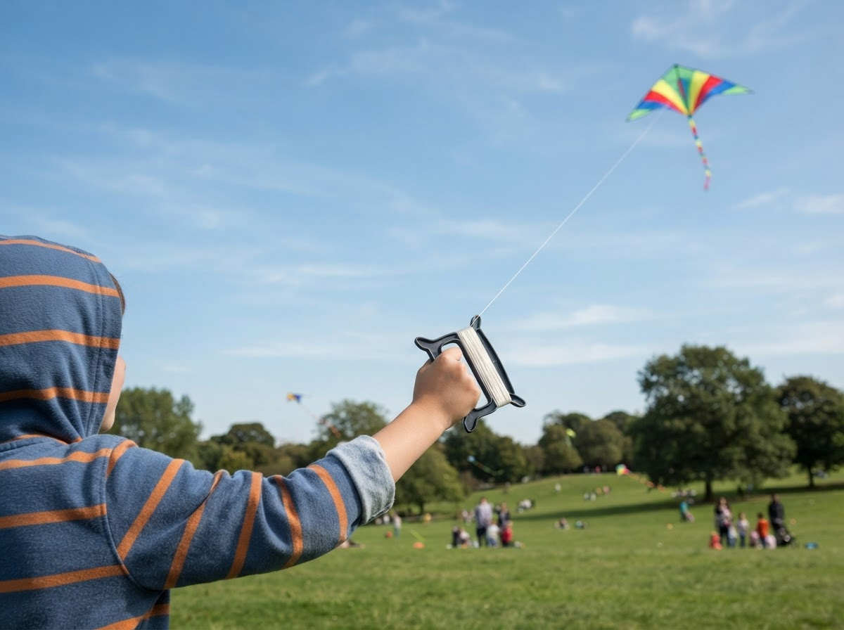 A child's hand holding a kite string, with the string taut and leading up to a distant kite in the sky, emphasizing the tension and connection.