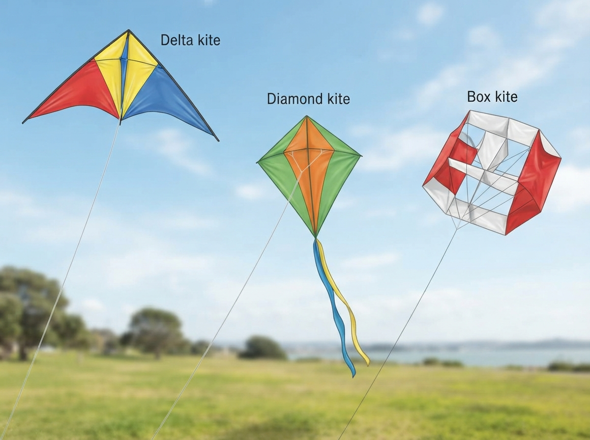 An educational illustration of different kite shapes (e.g., delta, box, diamond) alongside a simple tail, highlighting how varied designs interact with the wind for stability and flight.