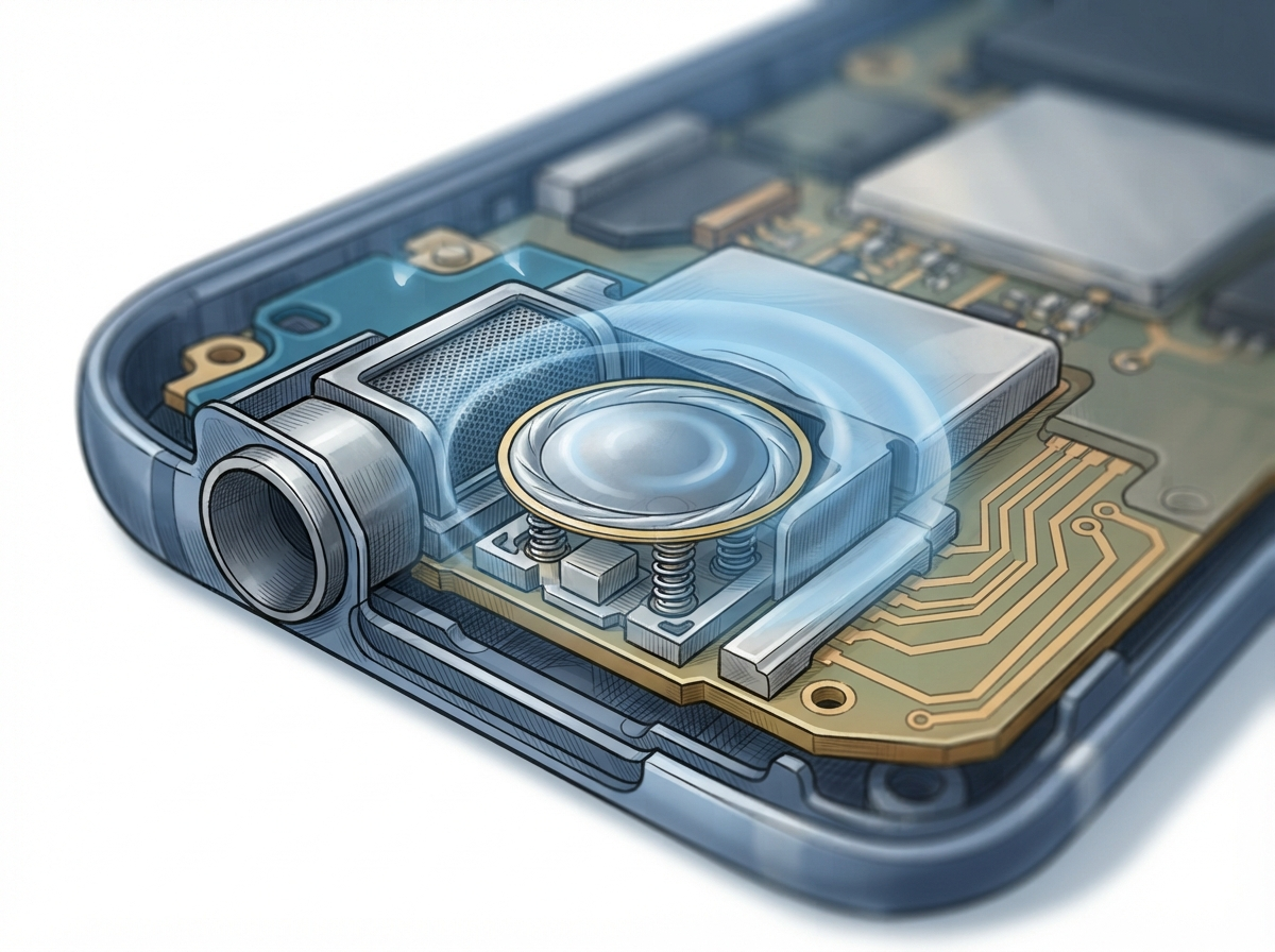 A close-up, realistic cross-section of a smartphone microphone showing a delicate vibrating membrane reacting to incoming sound waves, represented by soft glowing blue ripples, scientific illustration style, no text.
