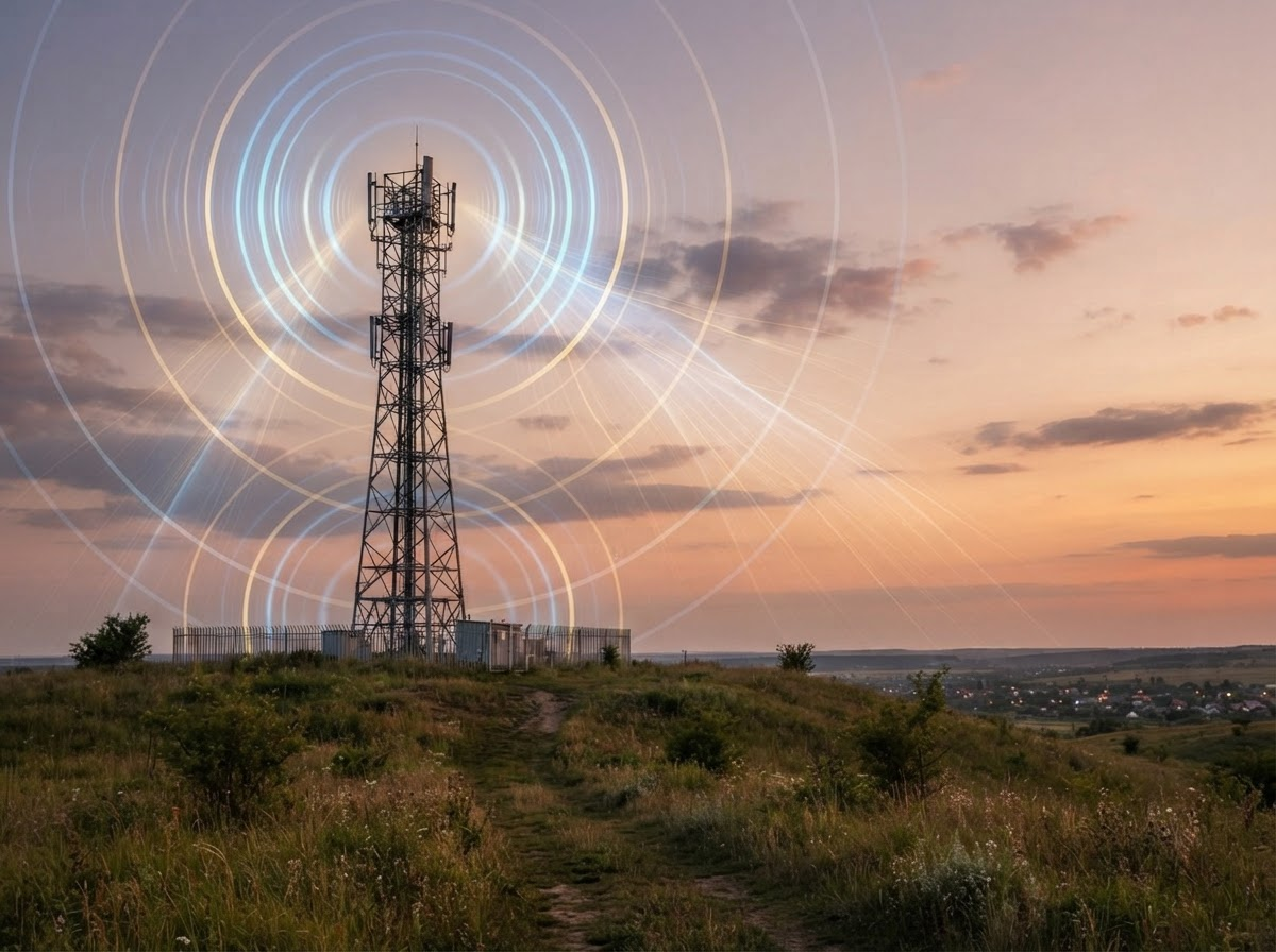 A powerful metallic cell tower standing tall on a grassy hill under a bright sunset sky, with glowing, invisible radio wave patterns radiating from its antennas into the atmosphere, realistic and educational, no text.