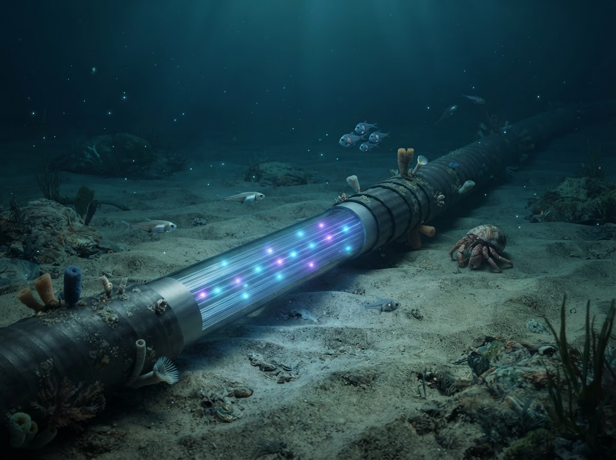A deep-sea view showing a thick, armored fiber-optic cable resting on the sandy ocean floor with colorful sea life swimming nearby, a soft internal glow showing laser light pulses traveling through the cable, realistic marine setting, no text.