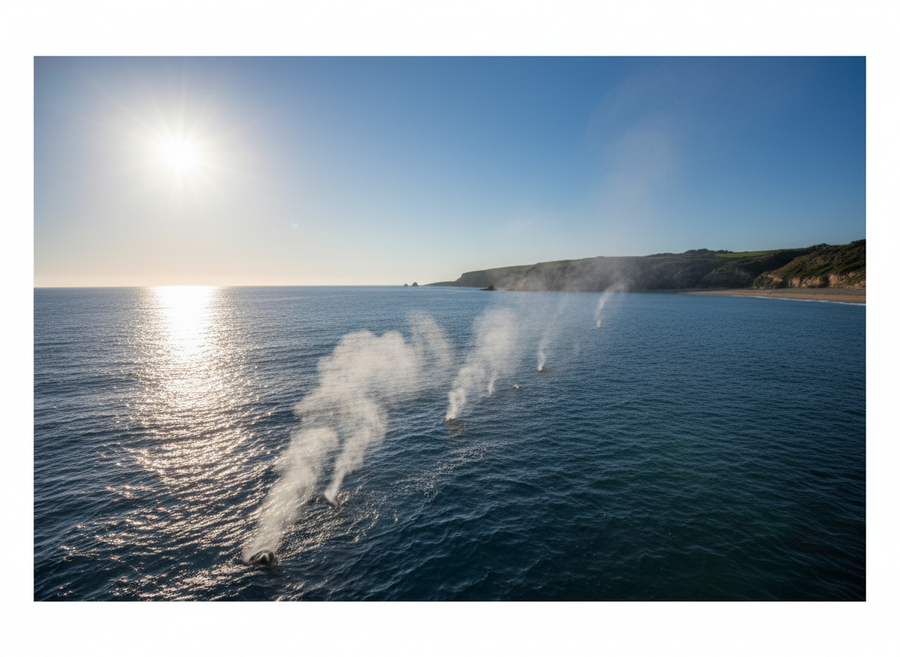 Sun shining over an ocean, with visible water vapor rising from the surface, illustrating evaporation, naturalistic, no cartoon, no text