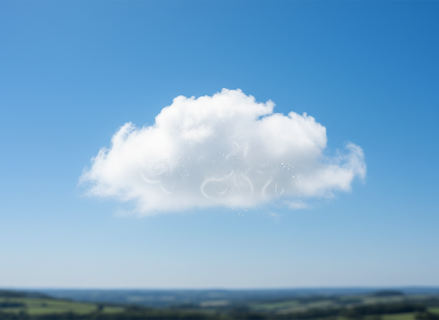 A cumulus cloud forming in the sky, showing tiny water droplets condensing around microscopic dust particles, visible as a gentle, wispy formation, naturalistic, no cartoon, no text