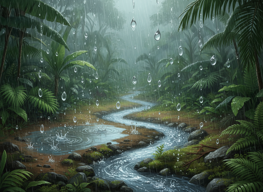 Rain falling over a lush landscape, showing raindrops hitting the ground, creating puddles, and flowing into a small stream, naturalistic, no cartoon, no text