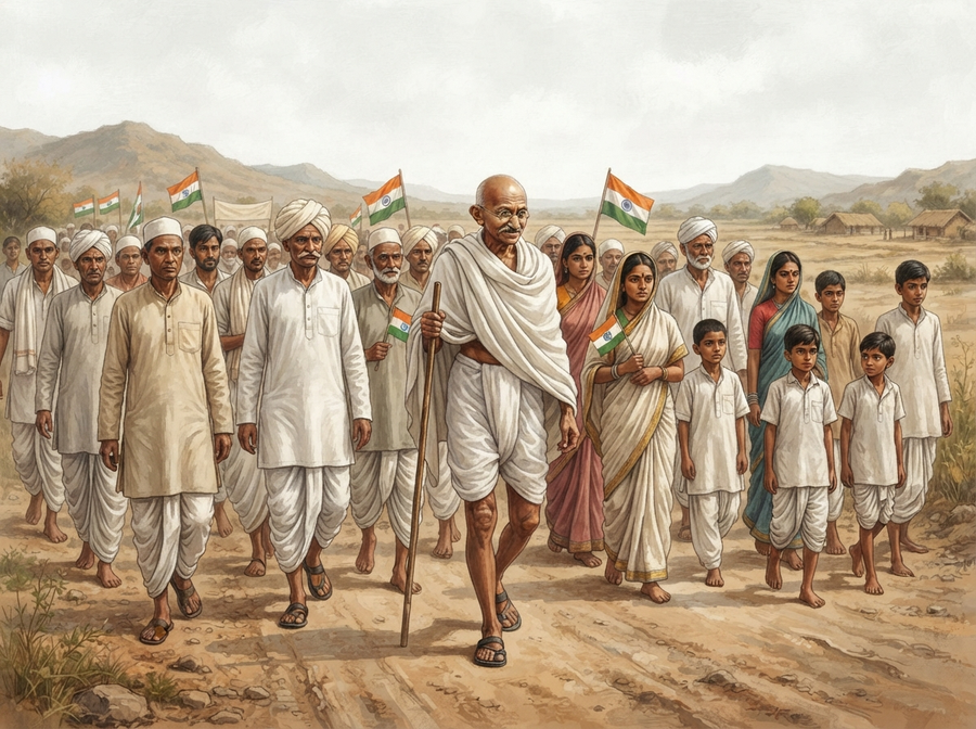 A realistic, respectful depiction of Mahatma Gandhi walking peacefully with a group of diverse people in traditional Indian attire during a historical march, all looking determined but serene.