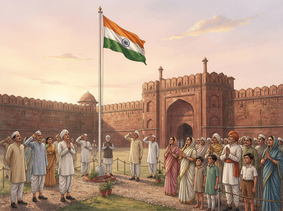 A detailed, realistic scene of the first Indian national flag being hoisted on a tall flagpole at the historic Red Fort in Delhi, with a respectful crowd watching from a distance, capturing the early morning light of August 15th, 1947.