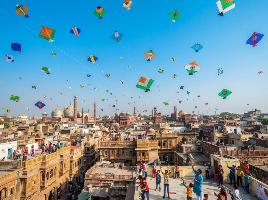 A colorful, realistic scene of many vibrant kites of various shapes and sizes flying high in a clear blue sky above a bustling Indian city, with some traditional Indian buildings visible in the background, symbolizing celebration and freedom.