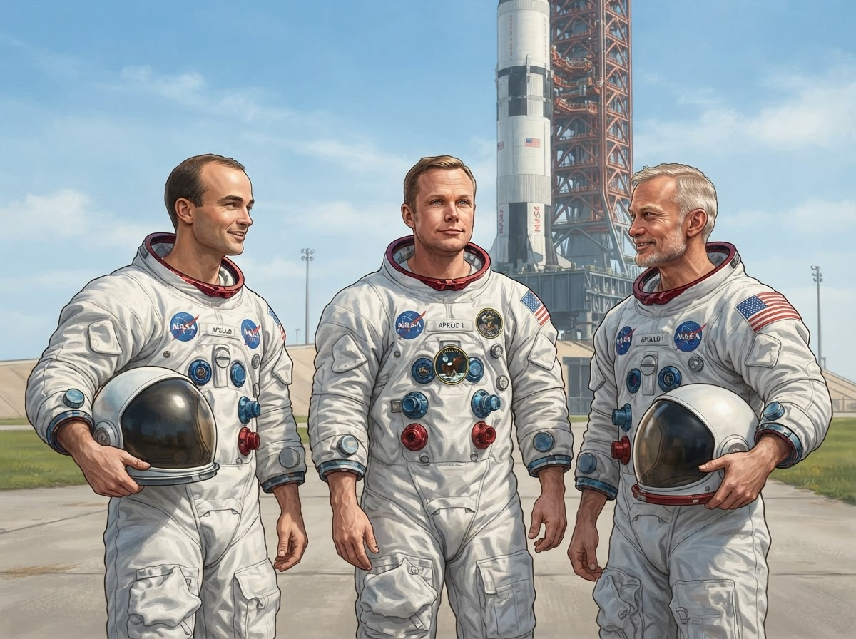 A realistic, educational illustration of the three Apollo 11 astronauts – Neil Armstrong, Buzz Aldrin, and Michael Collins – in their space suits, standing together before their mission.