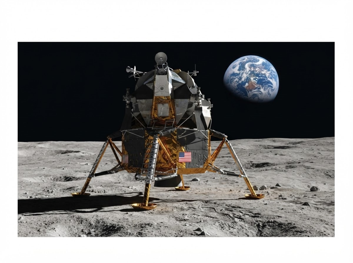 A detailed, educational illustration of the Apollo 11 lunar module 'Eagle' with its legs extended, landed on the dusty, cratered surface of the Moon, with the Earth visible in the background.