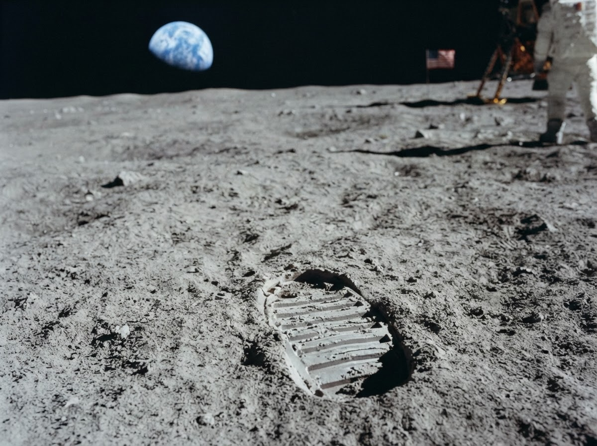 A realistic, educational depiction of an astronaut's boot print clearly visible in the fine, gray lunar dust on the Moon's surface, with the vast, dark expanse of space above.