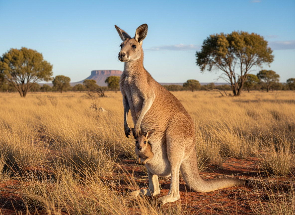 A baby kangaroo (joey) peeking its head out of its mother's pouch in the Australian outback, naturalistic, no cartoon, no text
