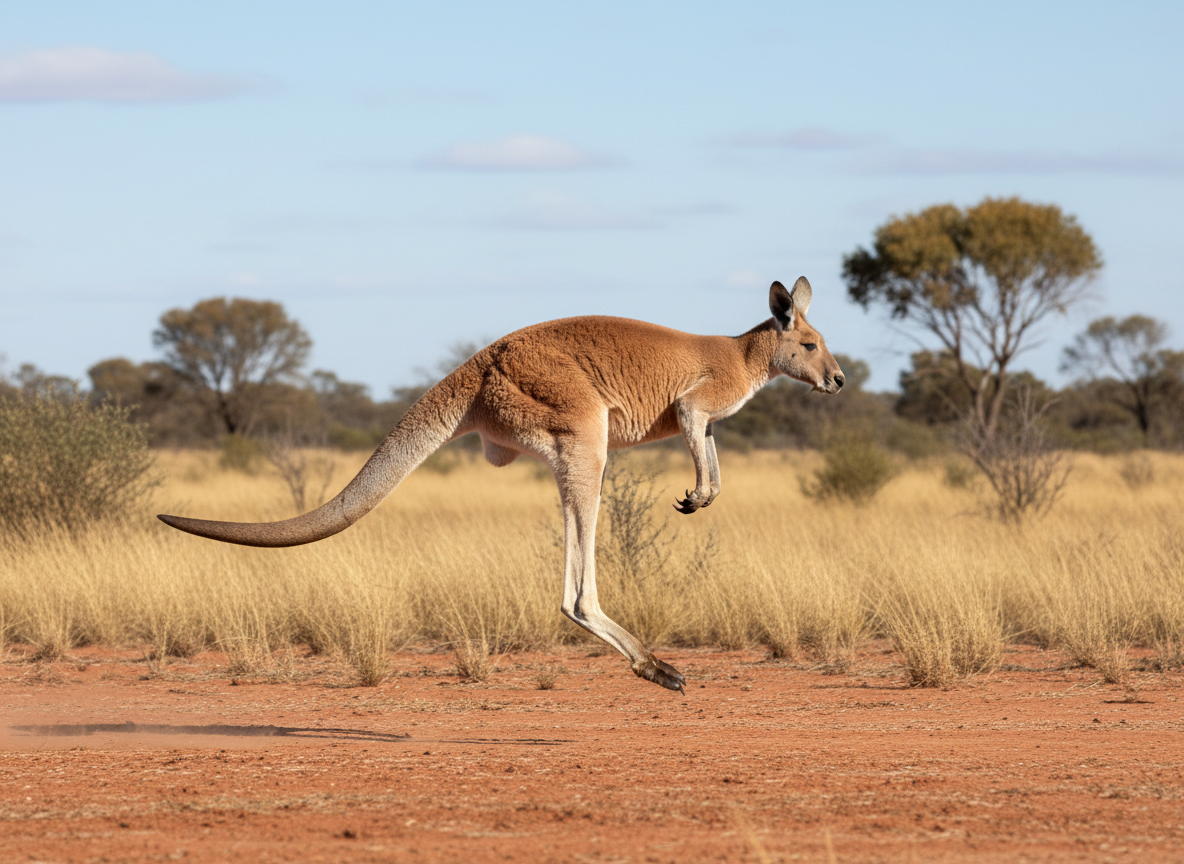 A red kangaroo in mid-hop across a dry Australian landscape, showing its powerful legs and tail, naturalistic, no cartoon, no text