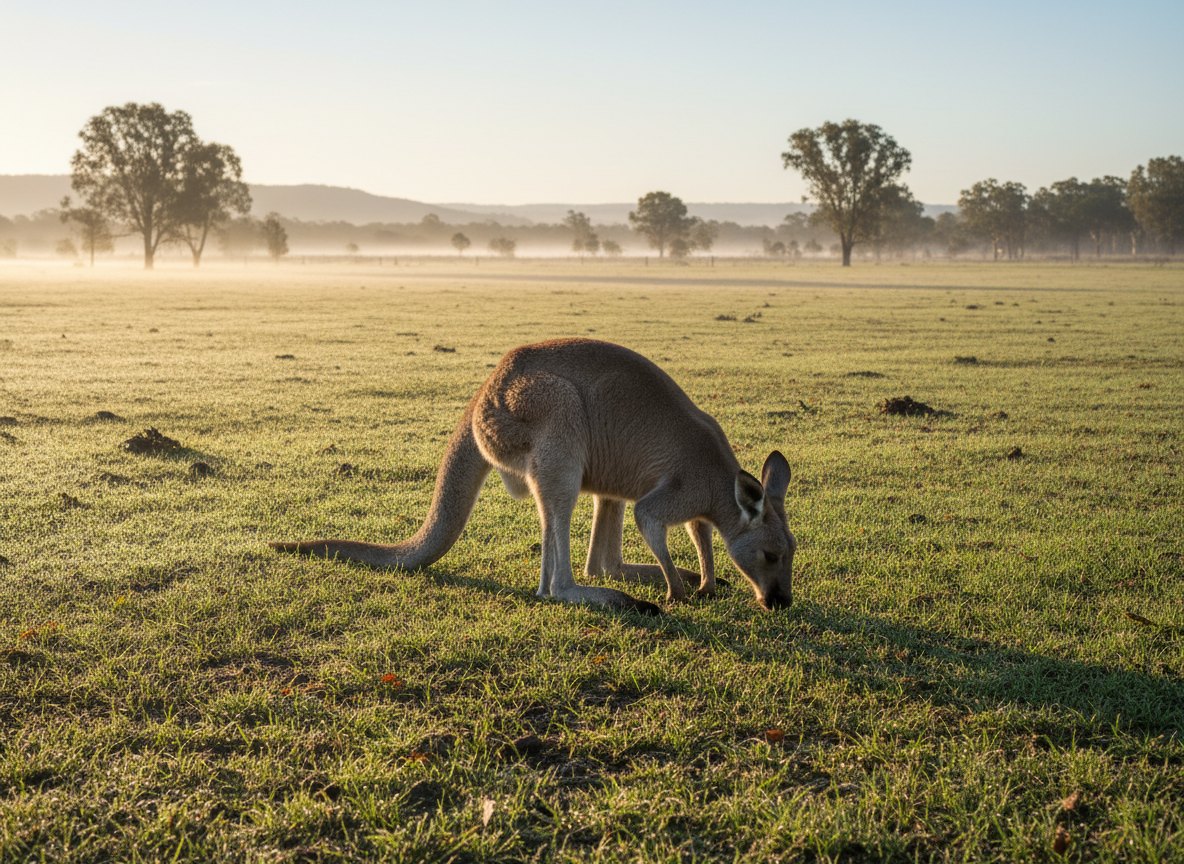 An Eastern Grey Kangaroo grazing peacefully in a grassy field at dawn, naturalistic, no cartoon, no text