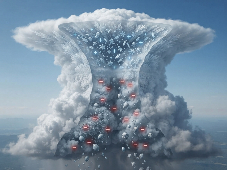 Educational close-up of a cross-section of a cumulonimbus cloud showing positive and negative charge separation, with ice crystals and water droplets, no cartoon, no text