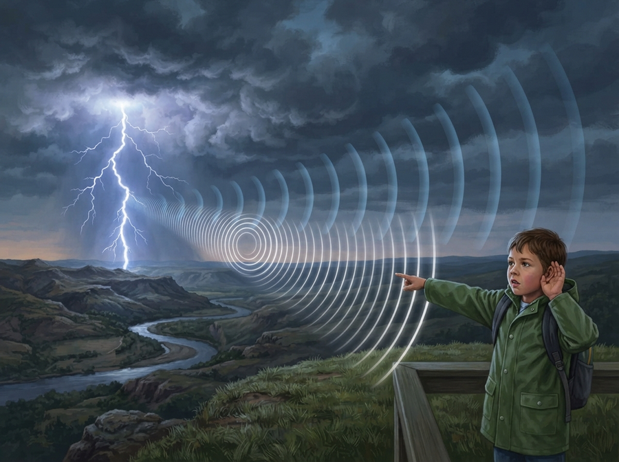 Educational illustration of light waves traveling much faster than sound waves, with a lightning flash seen immediately and sound waves lagging behind, no cartoon, no text