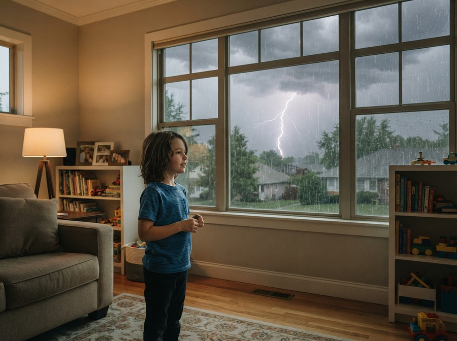 Educational scene showing a safe indoor environment during a thunderstorm, a child looking out a window from a distance, with rain and lightning visible outside, emphasizing safety, no cartoon, no text