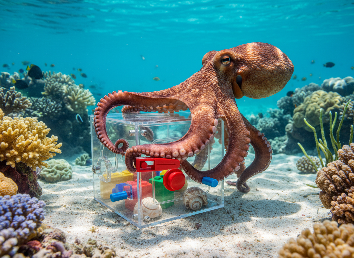An octopus solving a clear, child-safe puzzle box underwater, with one arm extended to manipulate a latch, its intelligent eye visible, naturalistic, no cartoon, no text