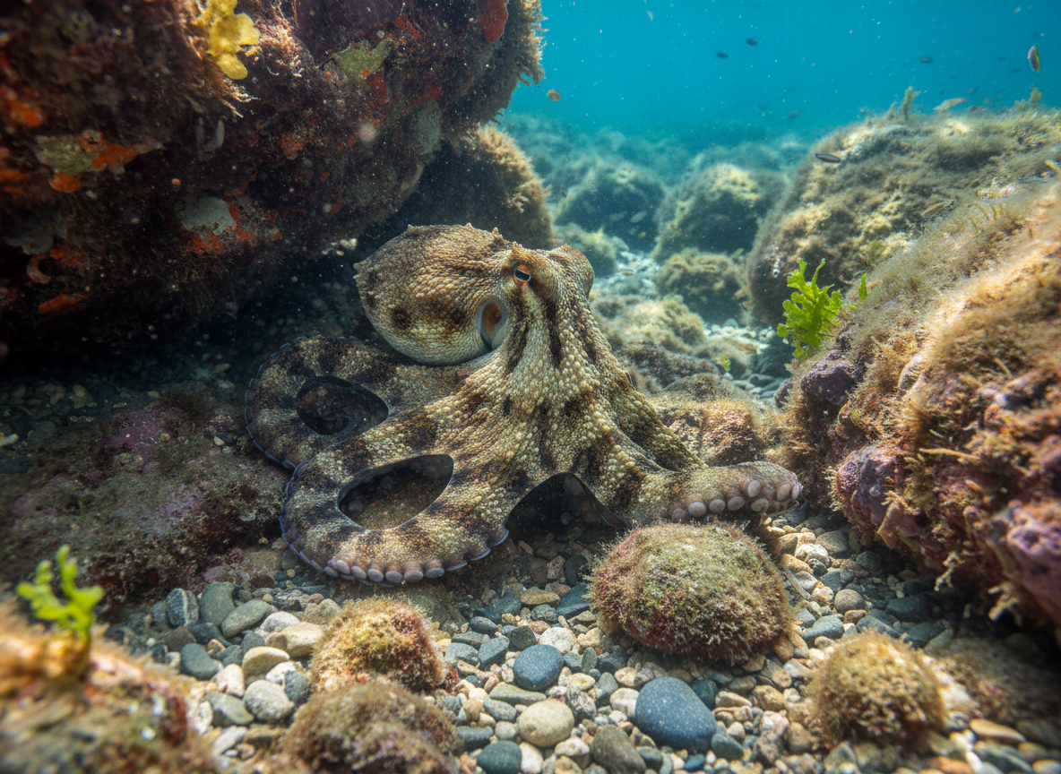 An octopus perfectly camouflaged against a rocky seafloor, its skin texture and color mimicking the surrounding rocks and pebbles, almost invisible, naturalistic, no cartoon, no text