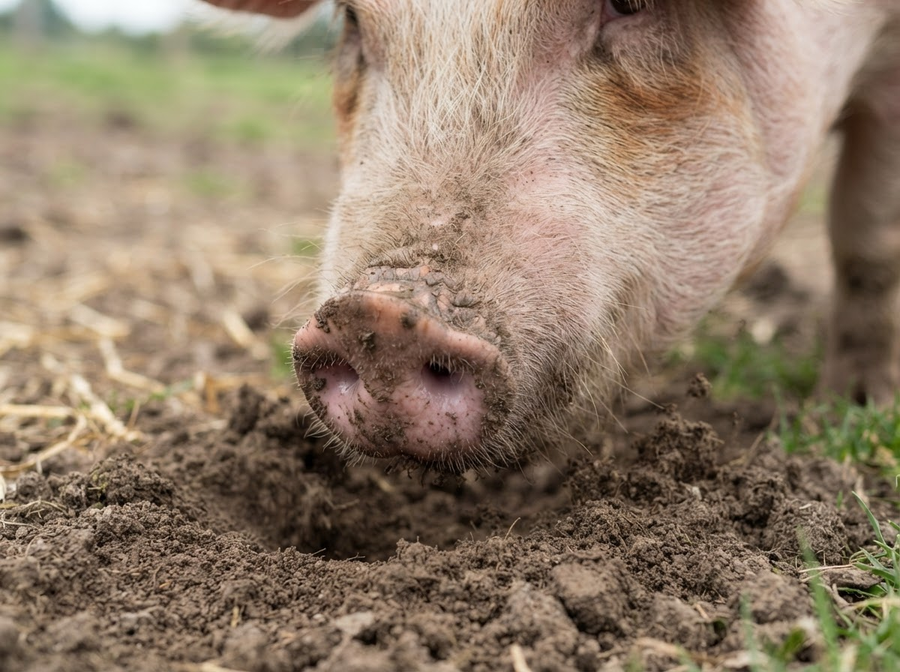A close-up of a domestic pig's snout, showing its texture and strength as it roots gently in soft earth, naturalistic, no cartoon, no text