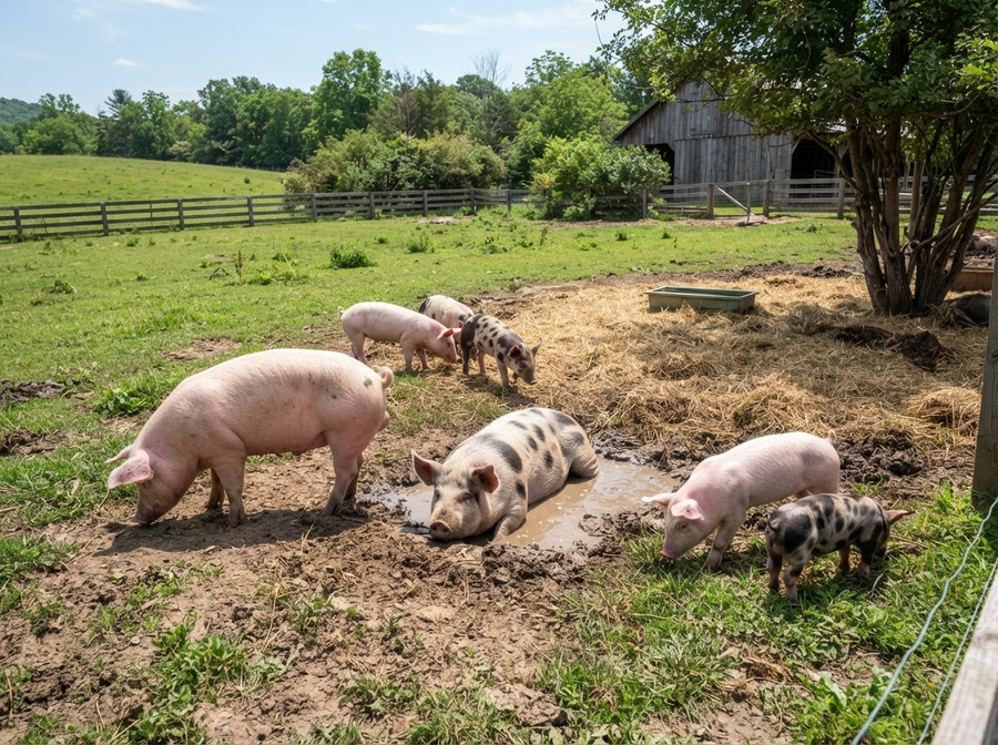 A group of diverse domestic pigs (some pink, some spotted) interacting socially in a clean, spacious outdoor enclosure, naturalistic, no cartoon, no text