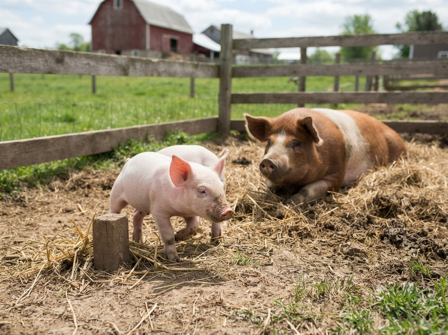 A piglet playfully exploring its surroundings near its mother, both looking healthy and happy on a farm, naturalistic, no cartoon, no text