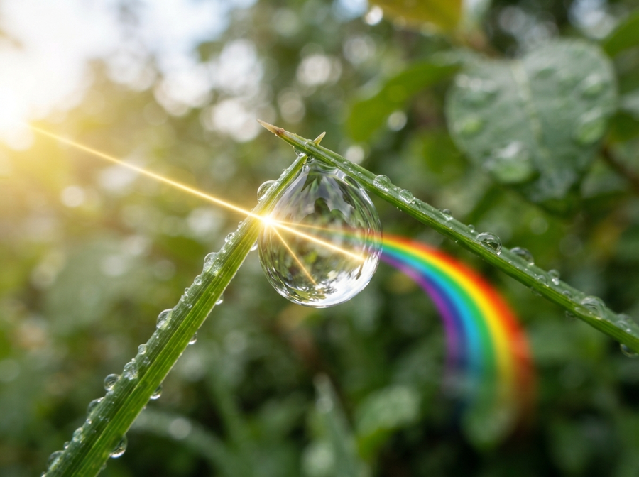 Naturalistic scene of sunlight entering a single raindrop, showing light bending (refraction) and splitting into colors inside the drop, with a clear ray path. No cartoon, no text.