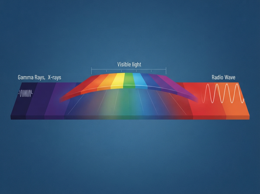 Educational illustration of the electromagnetic spectrum, highlighting the visible light portion with a gradient of rainbow colors from red to violet, showing relative wavelengths. No cartoon, no text.