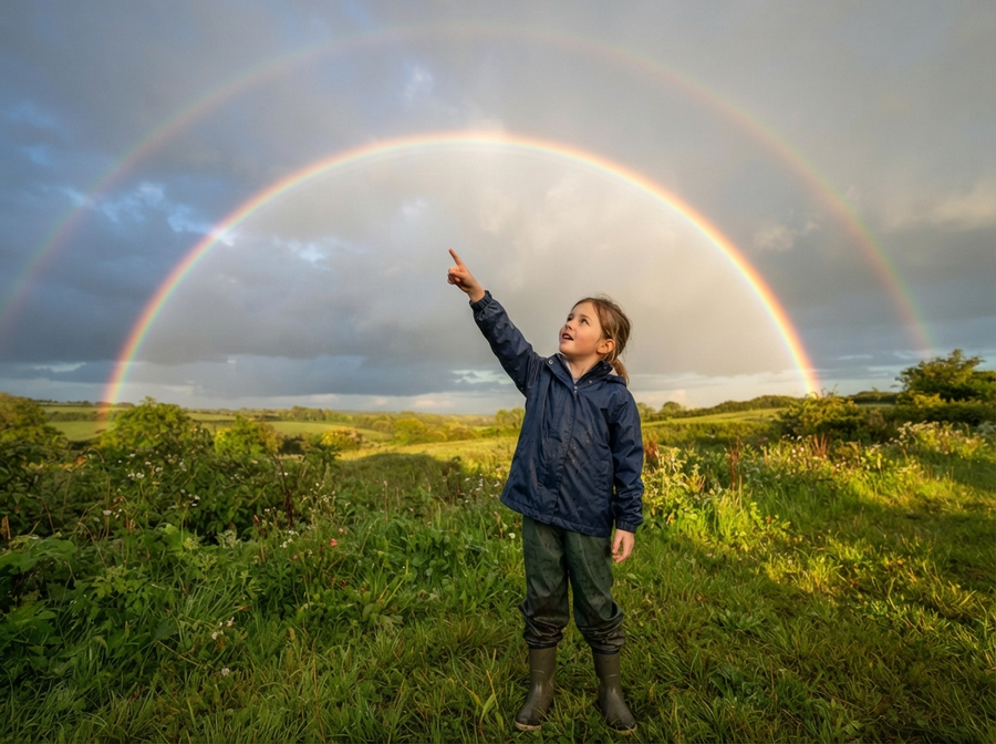 Naturalistic scene of a child pointing up at a vibrant double rainbow in the sky after a rain shower, with the sun low behind the viewer, showing the reversed color order of the secondary bow. No cartoon, no text.