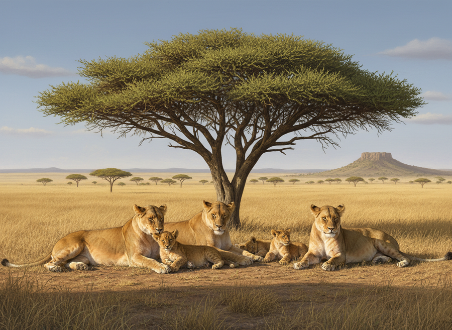 A pride of lionesses and their cubs resting together in the shade of an acacia tree on the African savanna. Naturalistic, educational, documentary style, no cartoon, no text.