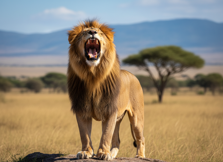 A male lion roaring powerfully, head lifted, showing its impressive mane, against a blurred savanna background. Naturalistic, educational, documentary style, no cartoon, no text.