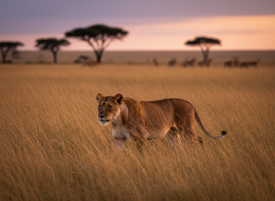 A lioness stealthily stalking prey through tall golden grass at dusk on the African savanna, focused and alert. Naturalistic, educational, documentary style, no cartoon, no text.