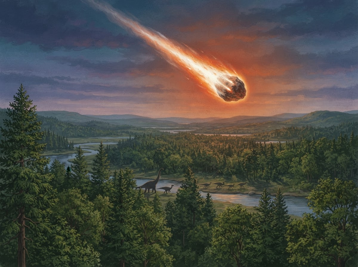 A dramatic illustration of a massive asteroid streaking across a prehistoric sky towards Earth, with a fiery trail, seen from a distance over ancient forests.