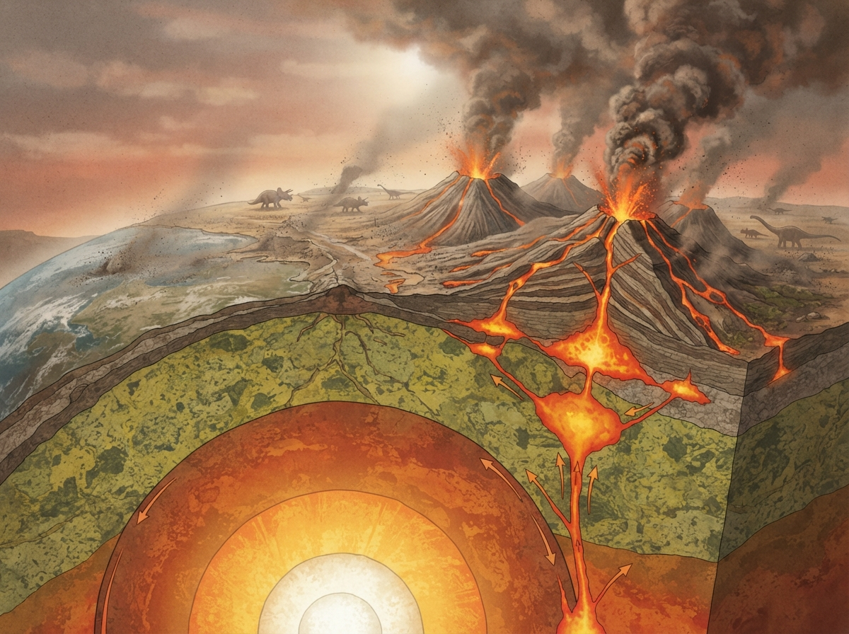 A detailed cross-section diagram showing Earth's layers, with magma rising from the mantle to form volcanic eruptions on the surface, depicting the Deccan Traps event.