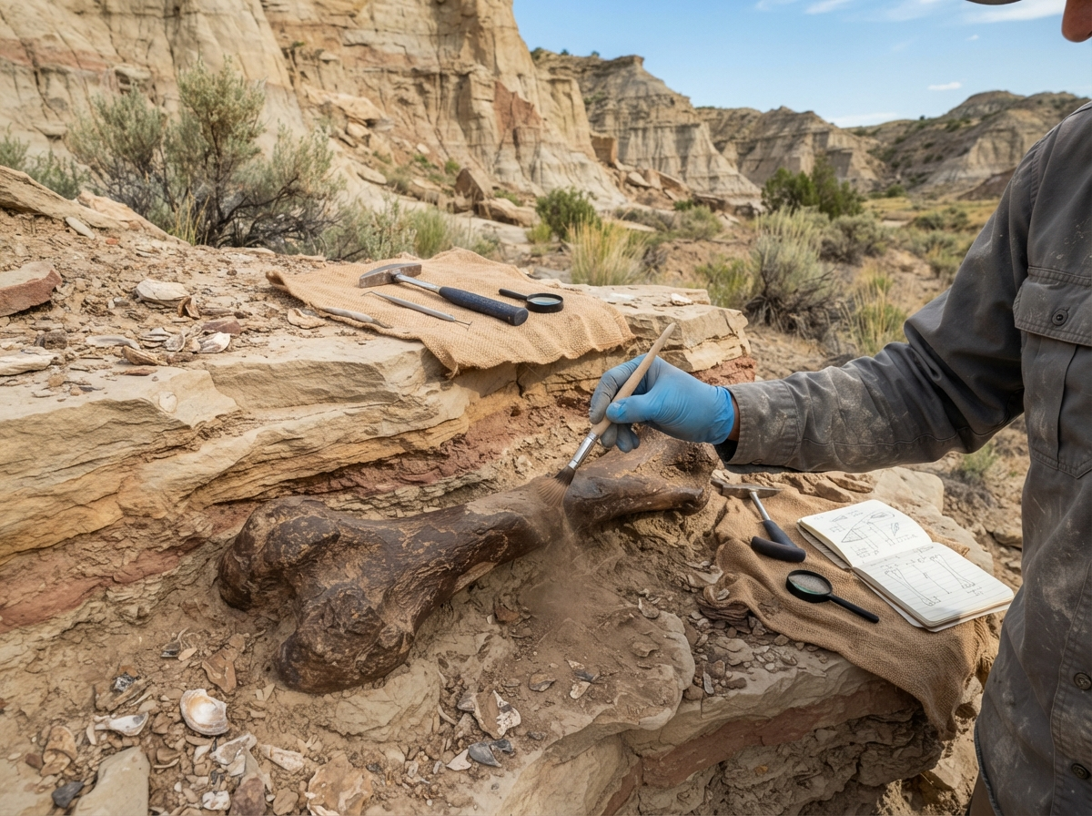 A fossilized dinosaur bone partially exposed in sedimentary rock layers, with geological tools nearby, suggesting scientific discovery.