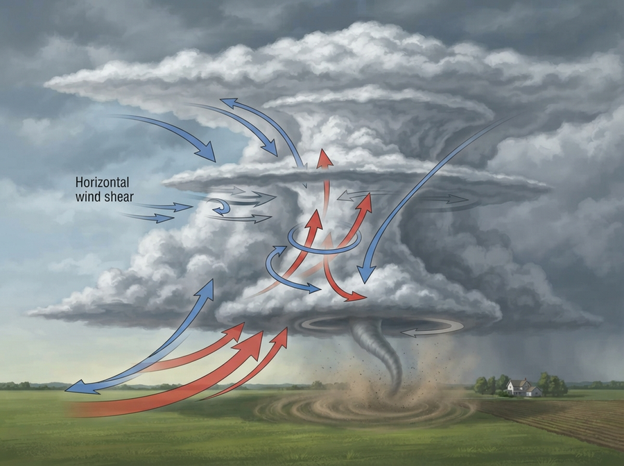 A cross-section diagram showing warm, moist air rising and cool, dry air sinking, illustrating the initial wind shear that leads to tornado formation within a cumulonimbus cloud.