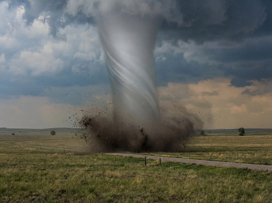 A close-up, realistic view of a tornado's funnel cloud, showing condensed water vapor and swirling debris (like dust and small leaves) being lifted from the ground, emphasizing the visible components of a twister.