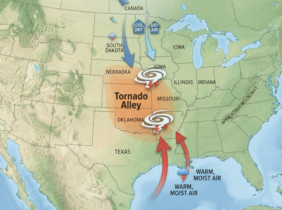 An educational map highlighting 'Tornado Alley' in the central United States, clearly labeling the region where tornadoes are most frequent, with subtle meteorological symbols indicating contributing air masses (warm moist, cool dry).