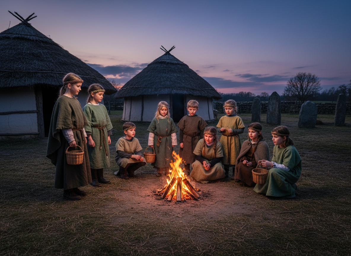 A group of children in historical Celtic-inspired costumes (simple, natural fabrics, not spooky) gathered around a small, controlled bonfire in an ancient village setting at dusk, looking curious.