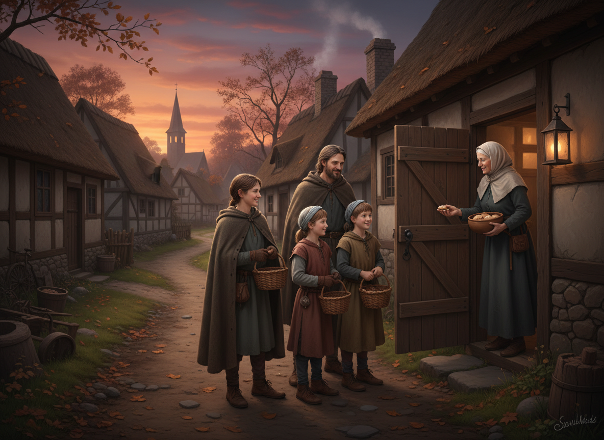 A historical scene depicting a medieval European village with people in simple, historical attire (not costumes) going door-to-door, holding small baskets, interacting with a homeowner offering 'soul cakes' (small bread-like items).
