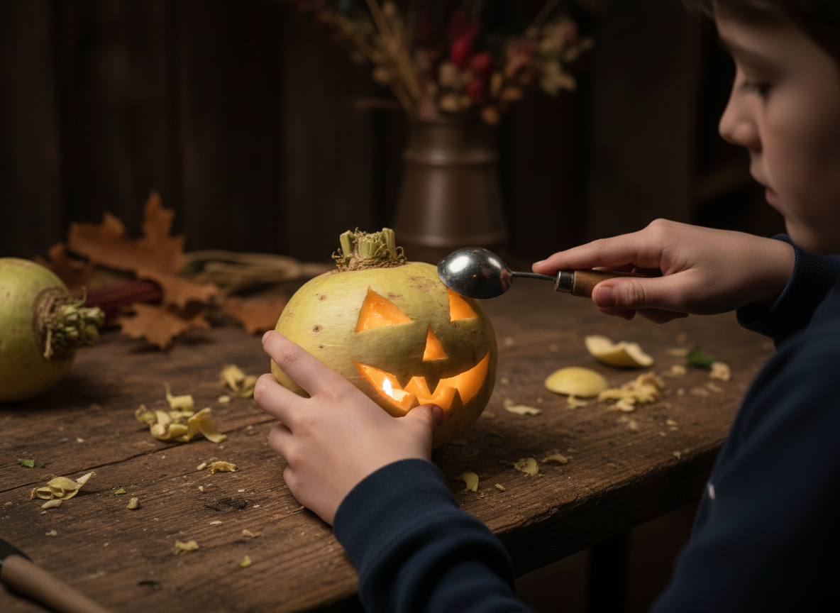 Close-up, naturalistic shot of a hand carving a historical turnip lantern (not a pumpkin) with simple tools, glowing from within, in a dimly lit, rustic setting.