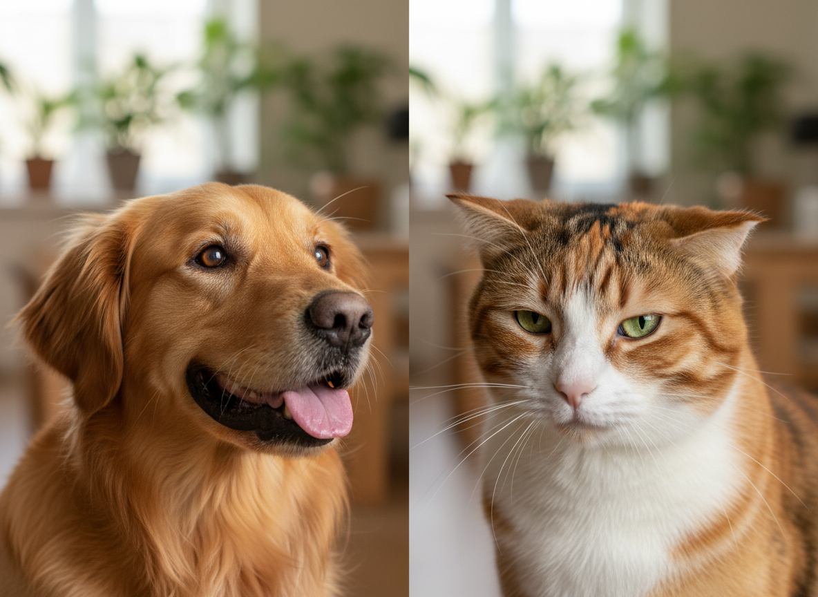 A close-up, realistic shot of a domestic dog's face with ears perked and mouth slightly open in a playful 'smile', contrasting with a domestic cat's face with ears slightly back and eyes narrowed, showing their different expressions.