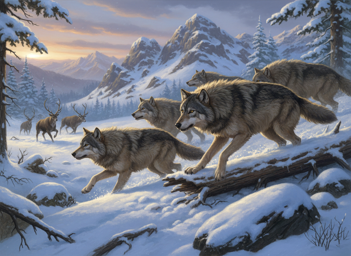 A detailed, educational image showing a historical depiction or artistic representation of ancient wild wolves hunting in a pack, to illustrate the ancestry of domestic dogs.