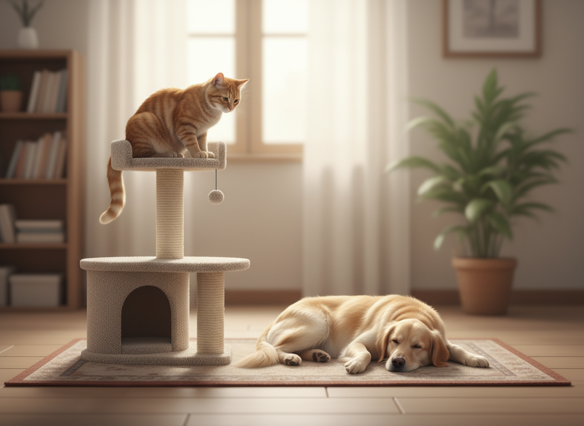 A realistic image of a domestic cat perched high on a cat tree, looking down calmly at a domestic dog resting on the floor below, demonstrating safe personal space and cohabitation.