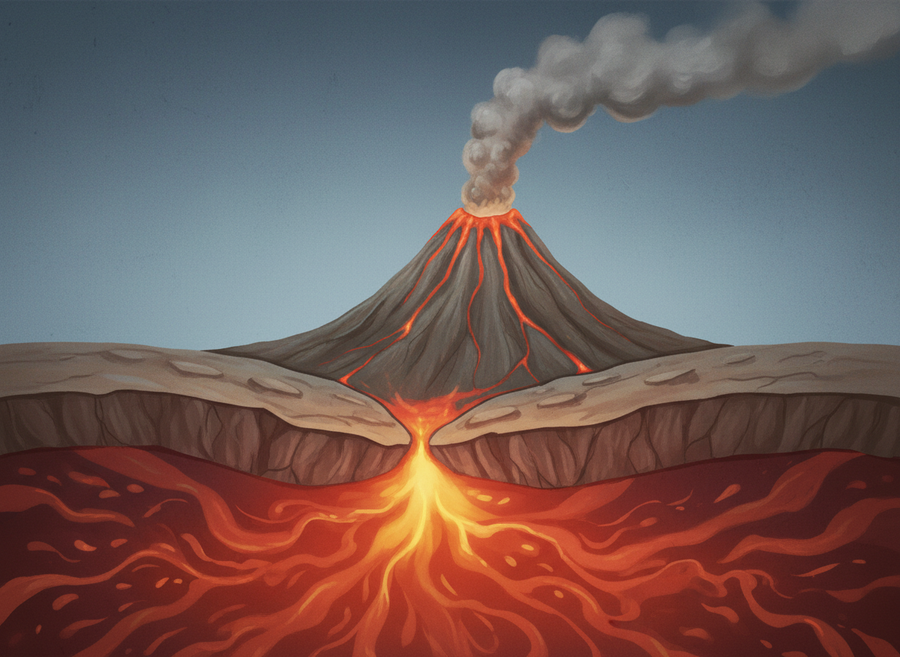 A cross-section diagram of Earth showing tectonic plates, magma in the mantle, and a volcano forming at a plate boundary, illustrating geological processes, no cartoon, no text.