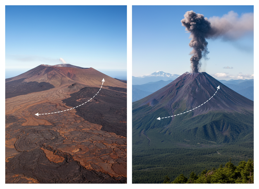 An educational side-by-side comparison illustrating the distinct shapes of a gently sloping shield volcano and a steeply conical stratovolcano, with labels to highlight their forms, no cartoon, no text.