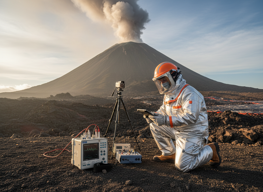 A volcanologist in protective gear observing monitoring equipment near a steaming volcano, with scientific instruments visible, demonstrating the study of volcanoes, no cartoon, no text.